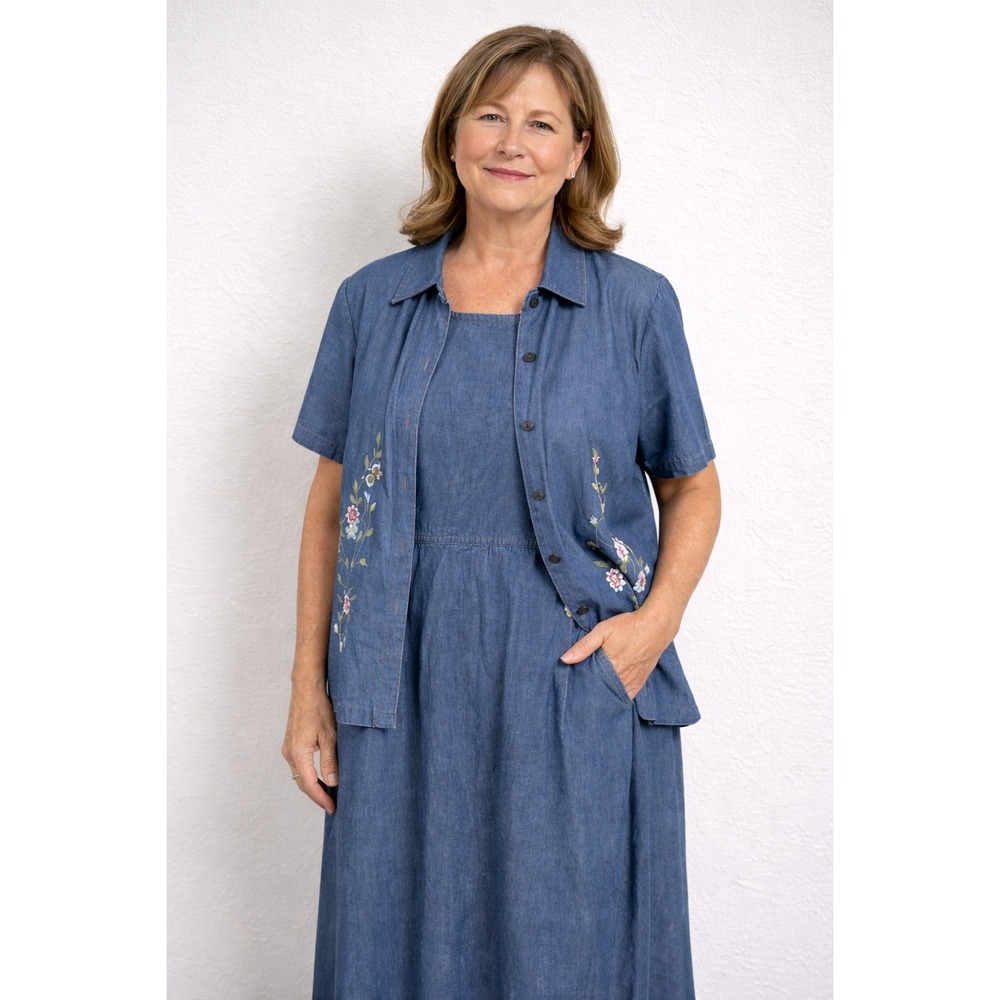 Premier International Denim Maxi Jumper Dress Set Women XL Floral Embroidery
